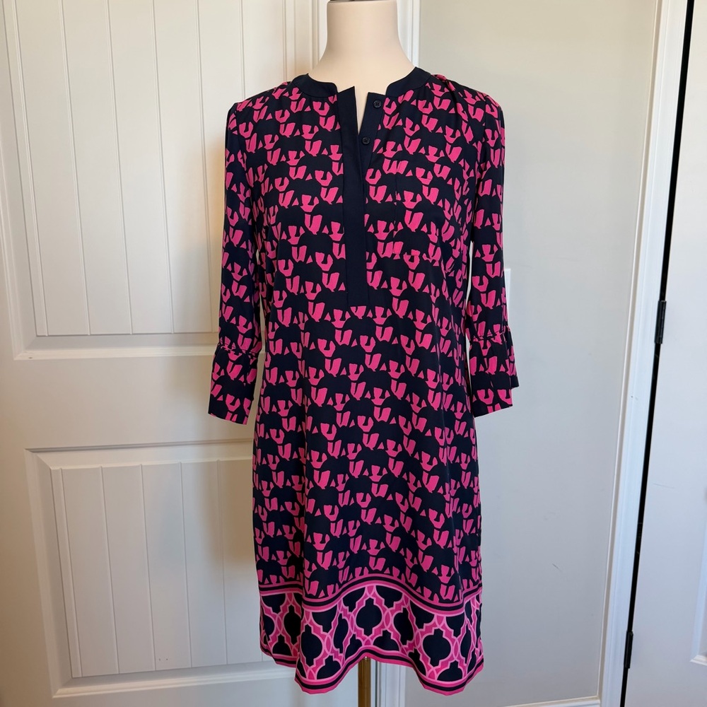 Crown & Ivy elephant print navy and pink casual dress size 4. EUC